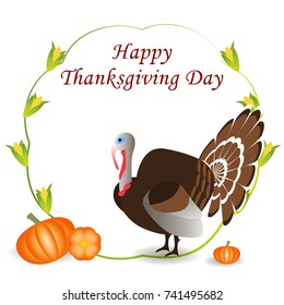 Thanksgiving Day. Turkey, surrounded by pumpkins and corn