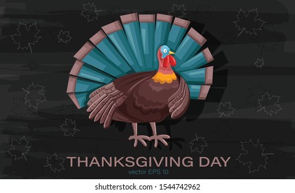 Thanksgiving day turkey with turquoise feathers. Outline of autumn leaves on background. Holiday vector