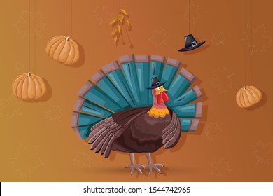 Thanksgiving day turkey with turquoise feathers. Pumpkins, hat and autumn leaves hanging from ceiling. Warm yellow background. Holiday vector