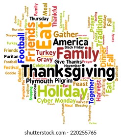 Thanksgiving Day turkey word cloud. Infographic shows the religious and secular, historical and modern celebration of an American Thanksgiving, including watching football and going shopping. Vector.