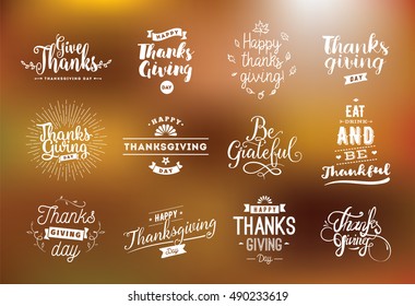 Thanksgiving day typography set. Labels, logo, text design. Usable for banners, greeting cards, posters etc