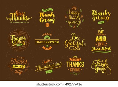 Thanksgiving day typography set. Labels, logo, text design. Usable for banners, greeting cards, posters etc