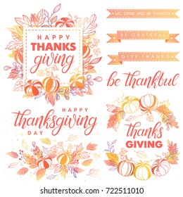 Thanksgiving Day typography.Coleção de saudações Dia de Ação de Graças, letras pintadas à mão, buquês de outono, abóboras e folhas.Perfeito para impressões, folhetos, cartões, promoções, convites de férias e muito mais.