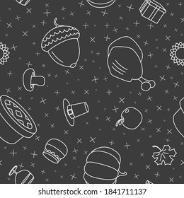 Thanksgiving day - Vector background (seamless pattern) of pumpkin, turkey, apple, pie, hat, wine and honey for graphic design