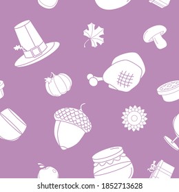 Thanksgiving day - Vector background (seamless pattern) of silhouettes pumpkin, turkey, apple, pie, hat, wine and honey for graphic design