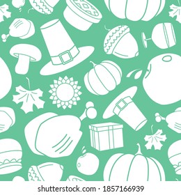 Thanksgiving day - Vector background (seamless pattern) of silhouettes pumpkin, turkey, apple, pie, hat, wine and honey for graphic design