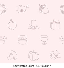 Thanksgiving day - Vector background (seamless pattern) of pumpkin, turkey, apple, pie, hat, wine and honey for graphic design