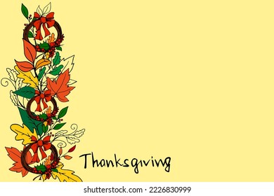 Cartel vectorial del día de Acción de Gracias. Hoja de arce. Otoño. Noviembre. Vacaciones de otoño. Día de Acción de Gracias. Medios sociales. Una corona de flores en la puerta. Peregrino. Las tradiciones estadounidenses.