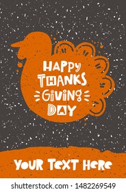 Thanksgiving day vector banner template. Traditional American festive dish, turkey silhouette with stylized lettering. Seasonal wishes postcard with splattered ink drops, poster with text space
