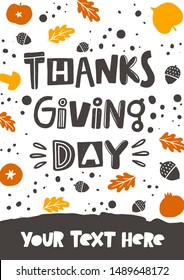  Thanksgiving day vector banner template. Traditional American festive holiday poster card with stylized lettering and text space. Oak leaf, apple silhouette