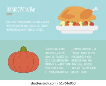 thanksgiving day. vector banners for web with traditional festive food: roasted turkey with vegetables and pumpkin. flat style