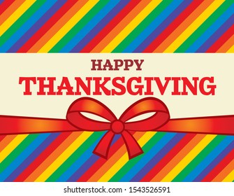 thanksgiving day vector card with rainbow colored stripes and a ribbon bow