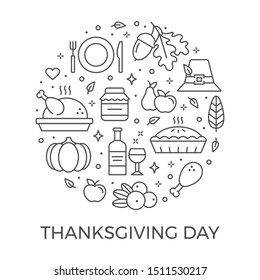 Thanksgiving day Vector Circle Background with Collection of holiday traditional elements. Modern thin outline symbols.