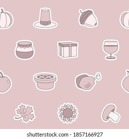 Thanksgiving day - Vector color background (seamless pattern) of pumpkin, turkey, apple, pie, hat, wine and honey for graphic design
