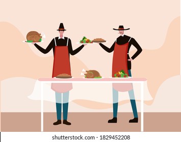 Thanksgiving day vector concept: Young man and his father preparing turkey and pie to celebrate thanksgiving day