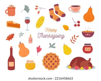 Thanksgiving day. Vector cozy set of autumn icons: turkey, falling leaves, pumpkin pie, candle, cocoa mug, pumpkins, cozy food. Scrapbook collection of fall season elements. Suitable for greeting card