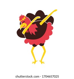 Thanksgiving Day vector dabbing turkey. Hand drawn colorful isolated illustration in cartoon style. November Holiday funny surface design for card, t-shirt, card, banner, flyer, invitation, poster