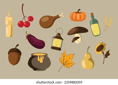 Thanksgiving day. Vector elements of thanksgiving celebration harvest and icons. Traditional turkey, cornucopia horn, pilgrim hat, pumpkin, fruit pie, vegetables harvest, plenty of food products.