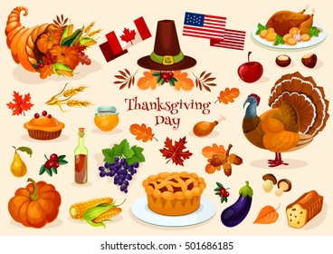 Thanksgiving Day. Vector Elements Of Thanksgiving Celebration Harvest And Icons. Traditional Turkey, Cornucopia Horn, Pilgrim Hat, Pumpkin, Fruit Pie, Vegetables Harvest, Plenty Of Food Products