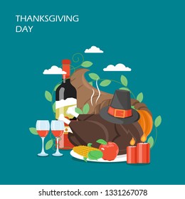 Thanksgiving Day vector flat illustration. Traditional roasted turkey, red wine, cornucopia with pumpkin, corn cobs, apple, candles, men hat. Happy Thanksgiving Day concept for web banner website page