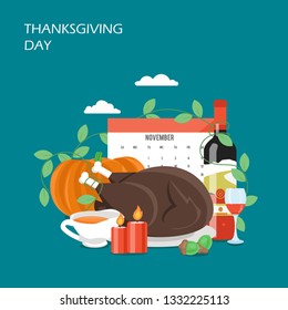 Thanksgiving Day vector flat illustration. Traditional roasted turkey, red wine, acorns, pumpkin, candles and calendar. Happy Thanksgiving Day celebration concept for web banner, website page etc.