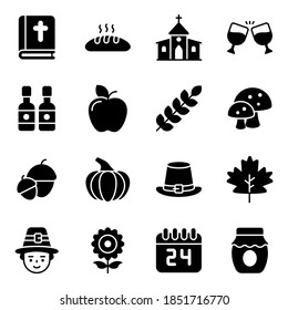 Thanksgiving day vector glyph icons set.  Modern glyph symbols. Collection of traditional holiday elements.