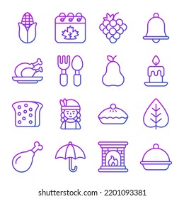 Thanksgiving day vector glyph icons set.  Modern glyph symbols. Collection of traditional holiday elements.