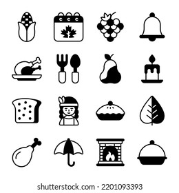 Thanksgiving day vector glyph icons set.  Modern glyph symbols. Collection of traditional holiday elements.