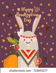 Thanksgiving day vector greeting card with cute hare