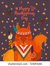 Thanksgiving day vector greeting card with cute squirrel