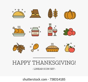 Thanksgiving day vector icon set. Collection of holiday traditional elements. 