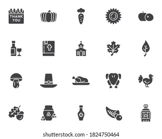 Thanksgiving day vector icons set, modern solid symbol collection, filled style pictogram pack. Signs logo illustration. Set includes icons as calendar day, pilgrim hat, poultry turkey, horn of plenty