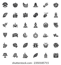 Thanksgiving Day vector icons set, modern solid symbol collection, filled style pictogram pack. Signs, logo illustration. Set includes icons as Turkey, Pumpkin, Pilgrim, Harvest Festival, Acorn