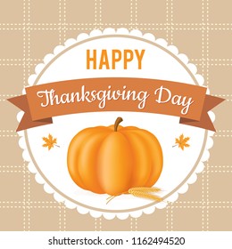 Thanksgiving Day. Vector illustration. Autumn harvest festival. Image for banner, poster or greeting card. Place for text. Illustration of a pumpkin with a predatory sign. Cozy picture for design.