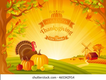 Thanksgiving day vector illustration of beautiful autumn landscape on sunny background, modern elegant text lettering, copy space. Countryside fall farm thankful symbols - pumpkin, turkey bird, fruit
