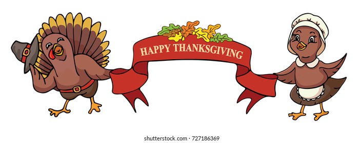 Thanksgiving day vector illustration. ?artoon boy and girl turkeys. Happy  turkeys hold a holiday poster on white background. Red ribbon with greetings. 