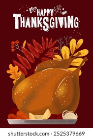 Thanksgiving Day. Vector illustration of a festive table with a turkey and autumn leaves for a card, background, invitation or poster