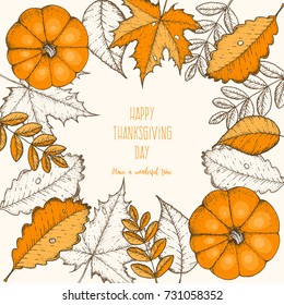 Thanksgiving day vector illustration. Frame with maple and oak leaves, branches and pumpkin.