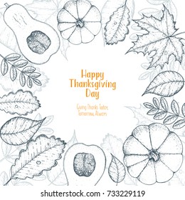 Thanksgiving day vector illustration. Frame with maple and oak leaves, branches and pumpkin.