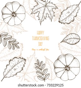 Thanksgiving day vector illustration. Frame with maple and oak leaves, branches and pumpkin.
