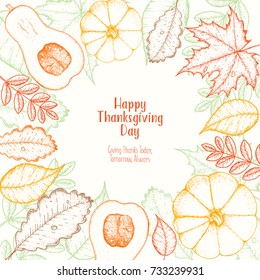 Thanksgiving day vector illustration. Frame with maple and oak leaves, branches and pumpkin.