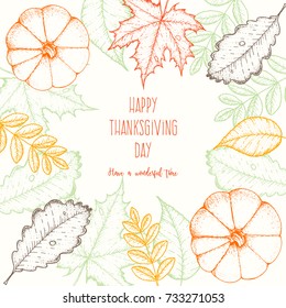 Thanksgiving day vector illustration. Frame with maple and oak leaves, branches and pumpkin.