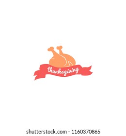 Thanksgiving day, vector illustration, logo with ribbon and roast turkey, flat silhouette