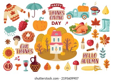 Thanksgiving day vector illustration set. Fall season clipart