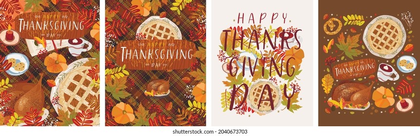 Thanksgiving Day. Vector illustrations of a festive table with a pie, pumpkin, turkey and objects for a card, background, invitation or poster.