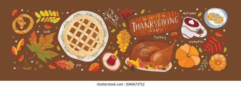 Thanksgiving Day. Vector illustrations of a festive table with a pie, pumpkin, turkey and objects for a card, background, invitation or poster.