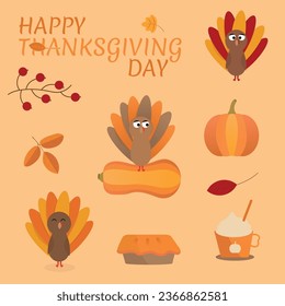 Thanksgiving day. Vector illustrations with pie, pumpkin, turkeys with different emotions, autumn leaves and objects for card, background, invitation or poster.