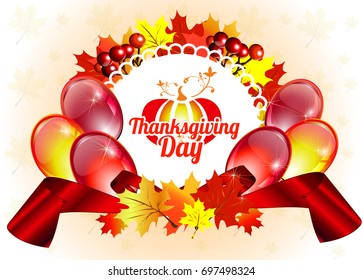 Thanksgiving Day. Vector image.Autumn frame for labels, stickers for the packaging of goods for shops.Autumn round frame with balloons on holiday for postcard, poster, invitation card.