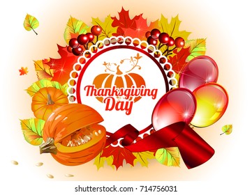 Thanksgiving Day. Vector image.Autumn frame for labels, stickers for the packaging of goods for shops.Autumn round frame with balloons on holiday for postcard, poster, invitation card.