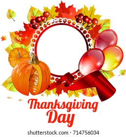 Thanksgiving Day. Vector image.Autumn frame for labels, stickers for the packaging of goods for shops.Autumn round frame with balloons on holiday for postcard, poster, invitation card.